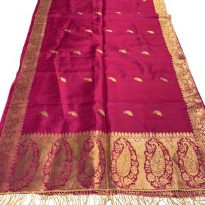 Magenta‎ Pink Silk Gold Metallic Paisley Indian Shawl Wrap Scarf Fringe India
